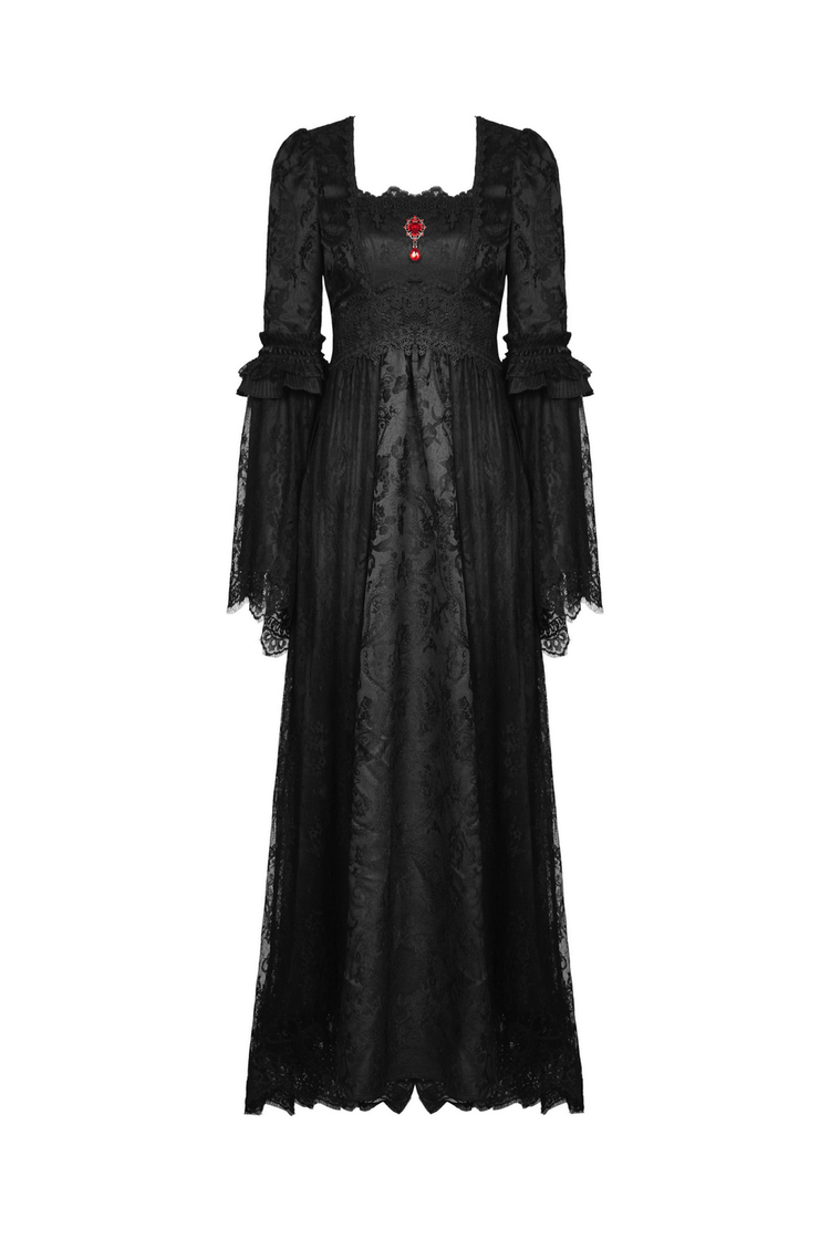 Black Gothic Long Sleeves Lace Maxi Dress with Red Brooch - image 4