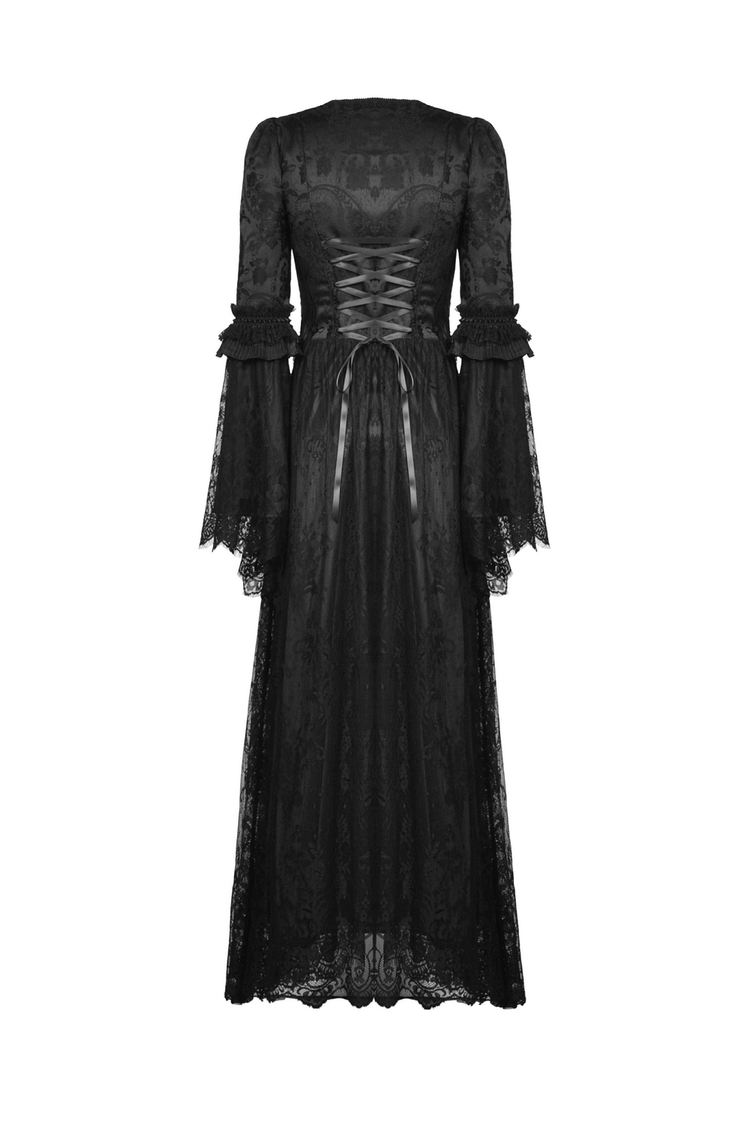 Black Gothic Long Sleeves Lace Maxi Dress with Red Brooch - image 5