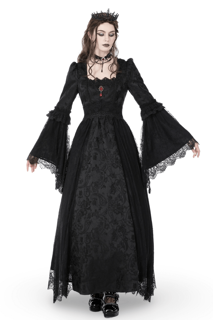 Black Gothic Long Sleeves Lace Maxi Dress with Red Brooch - image 1