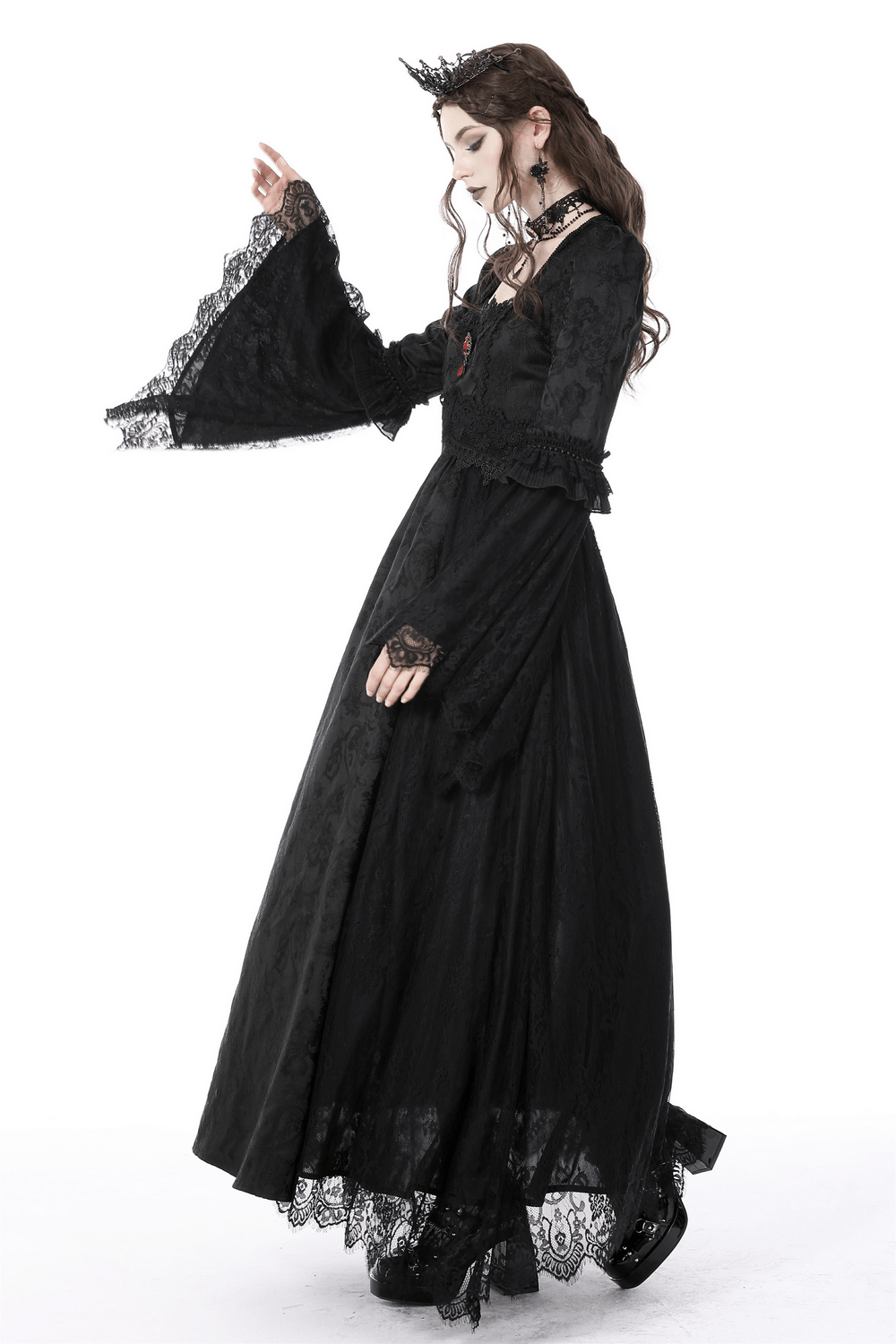 Black Gothic Long Sleeves Lace Maxi Dress with Red Brooch - image 17