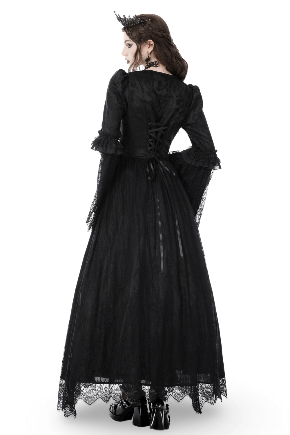 Black Gothic Long Sleeves Lace Maxi Dress with Red Brooch - image 2
