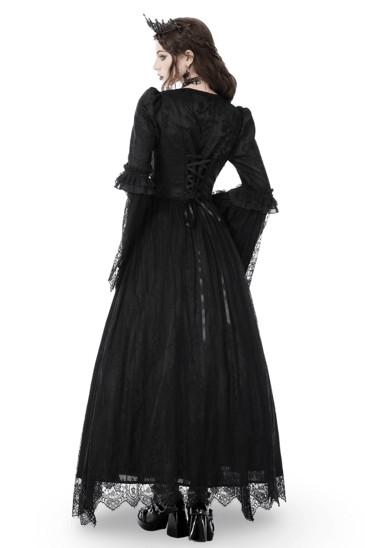 Black Gothic Long Sleeves Lace Maxi Dress with Red Brooch - image 2