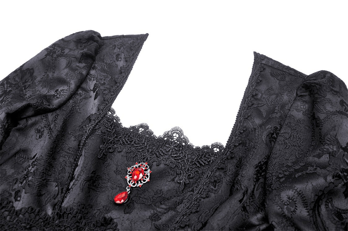 Black Gothic Long Sleeves Lace Maxi Dress with Red Brooch - image 6