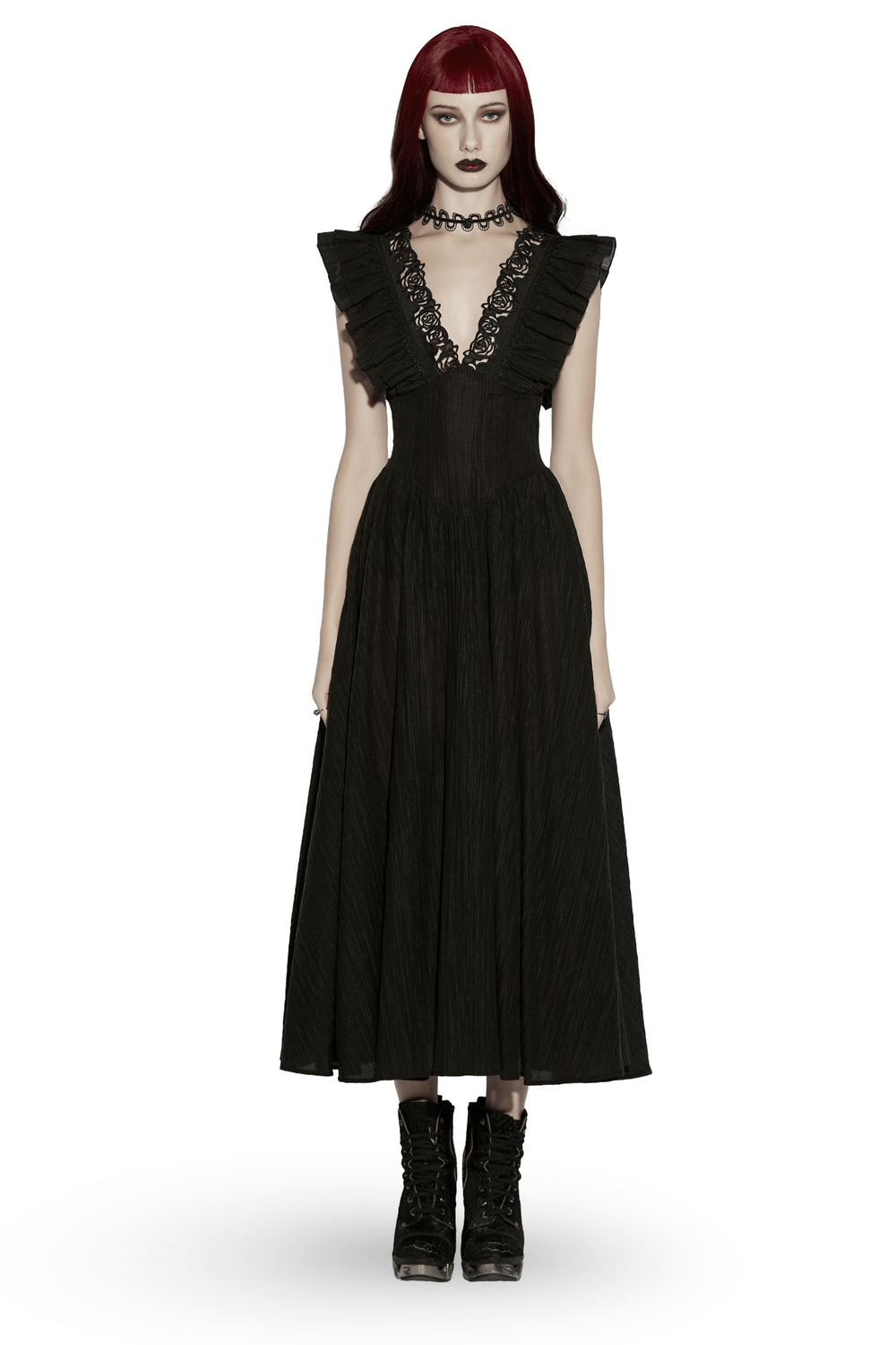 Black Gothic Maxi Dress with Lace V-Neck and Ruffle Sleeves - image 1