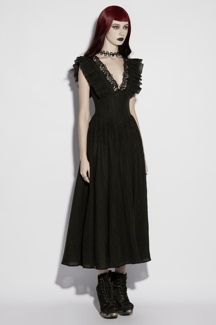 Black Gothic Maxi Dress with Lace V-Neck and Ruffle Sleeves - image 12