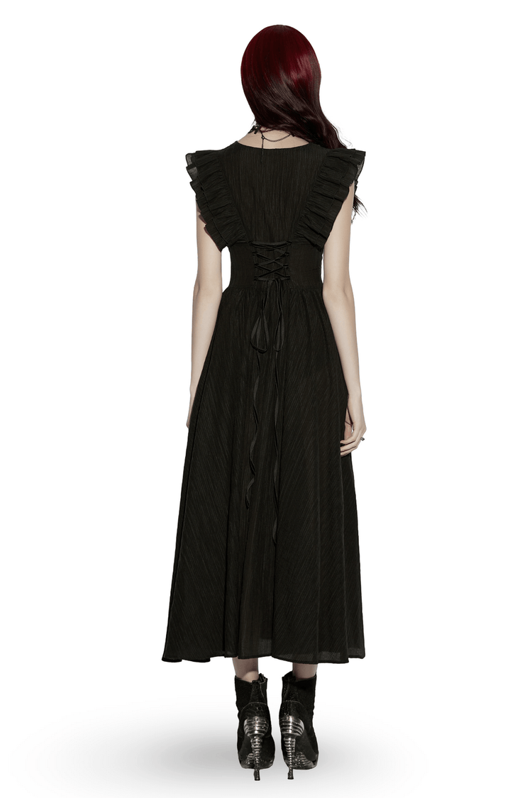Black Gothic Maxi Dress with Lace V-Neck and Ruffle Sleeves - image 2