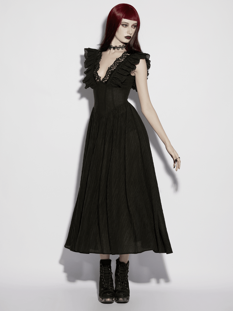 Black Gothic Maxi Dress with Lace V-Neck and Ruffle Sleeves - image 13