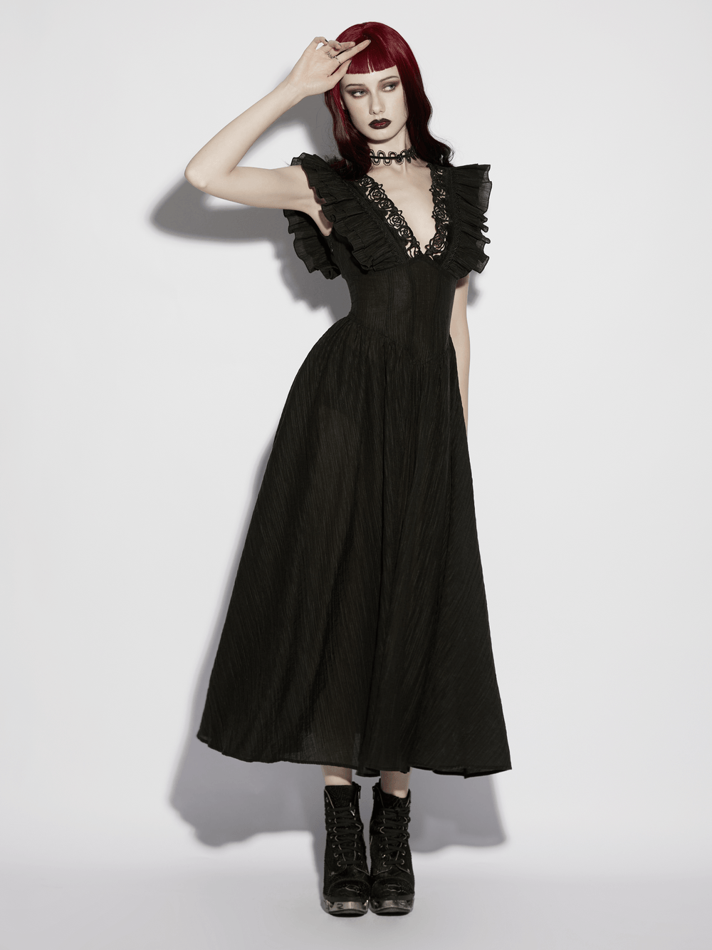 Black Gothic Maxi Dress with Lace V-Neck and Ruffle Sleeves - image 11