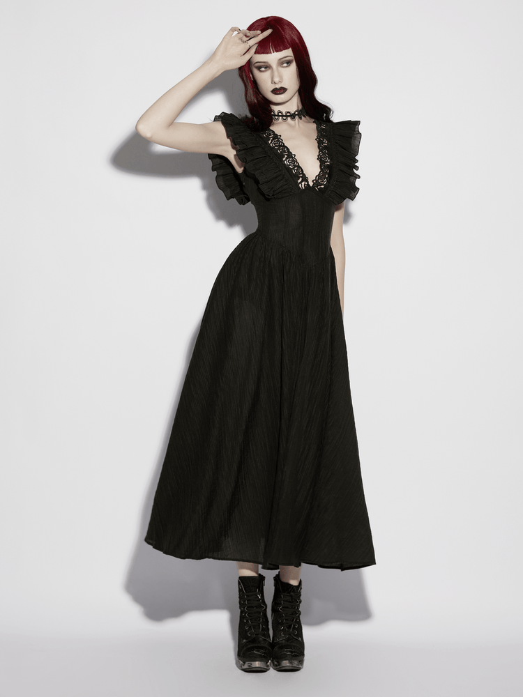 Black Gothic Maxi Dress with Lace V-Neck and Ruffle Sleeves - image 11