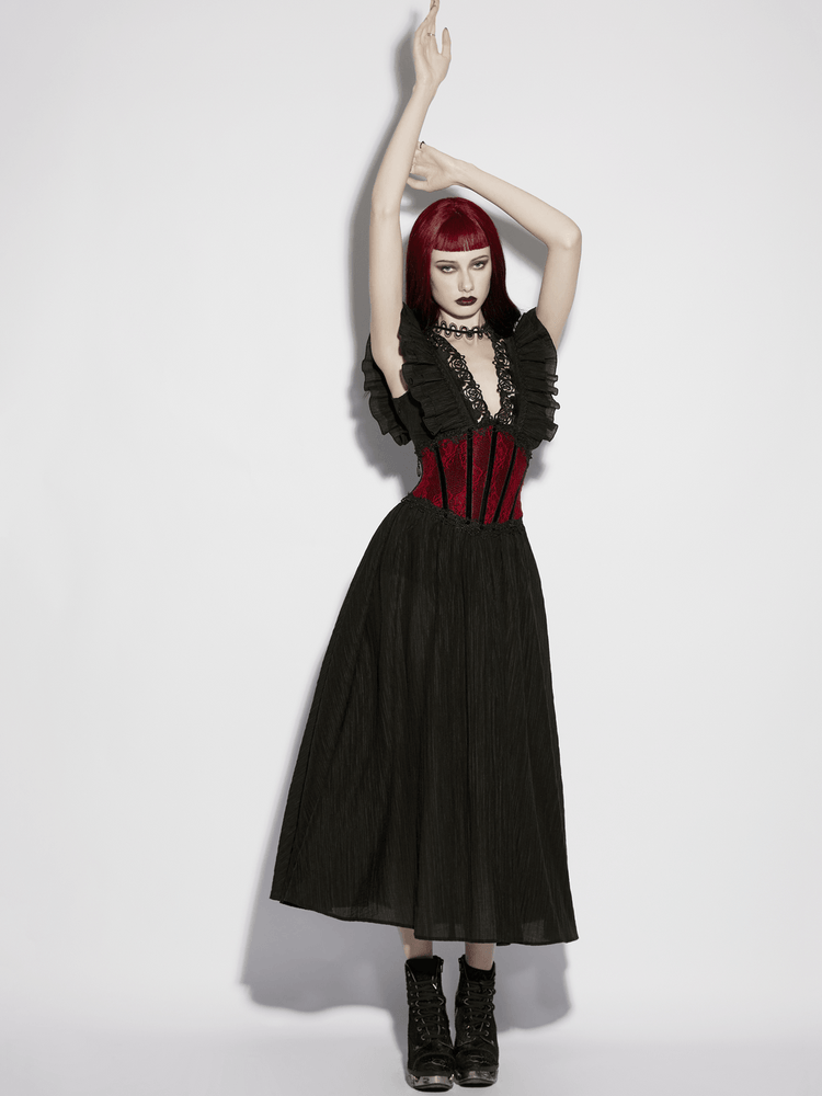Black Gothic Maxi Dress with Lace V-Neck and Ruffle Sleeves - image 14
