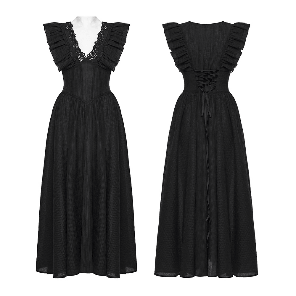 Black Gothic Maxi Dress with Lace V-Neck and Ruffle Sleeves - image 3