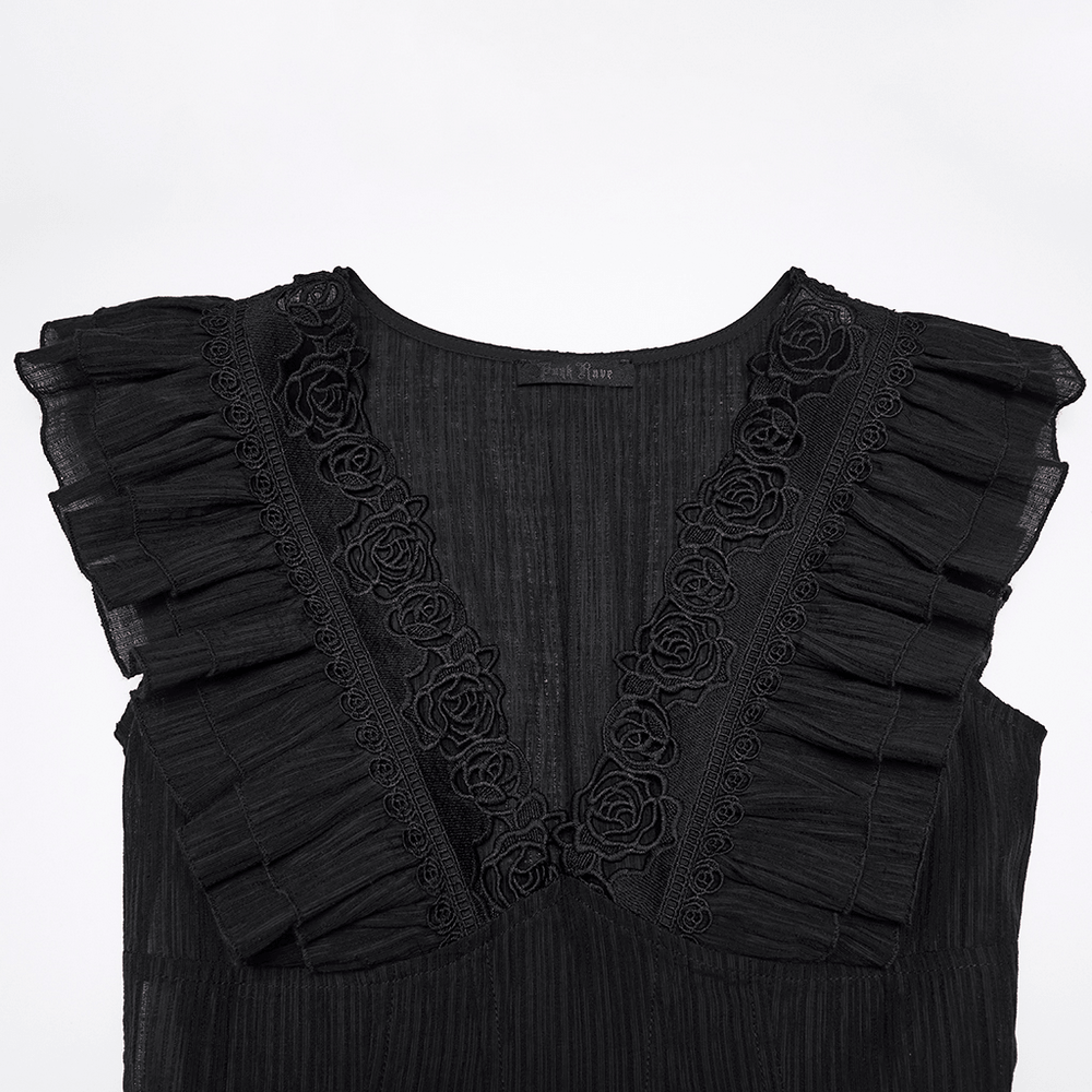 Black Gothic Maxi Dress with Lace V-Neck and Ruffle Sleeves - image 7