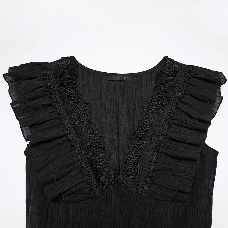 Black Gothic Maxi Dress with Lace V-Neck and Ruffle Sleeves - image 7