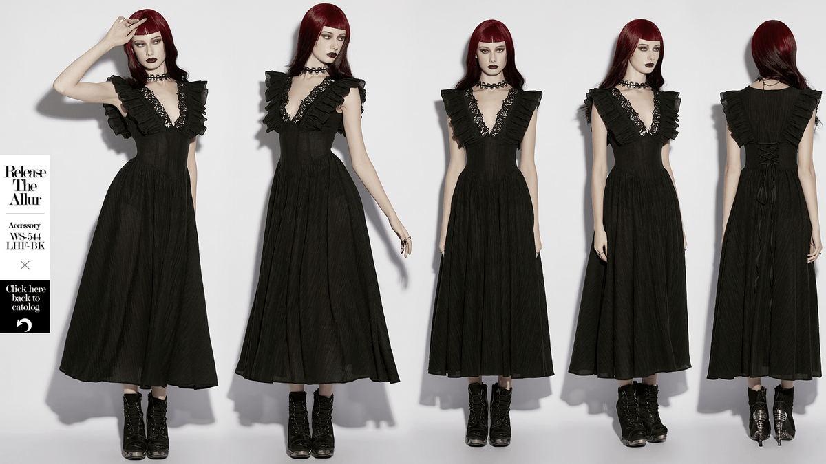 Black Gothic Maxi Dress with Lace V-Neck and Ruffle Sleeves - image 15