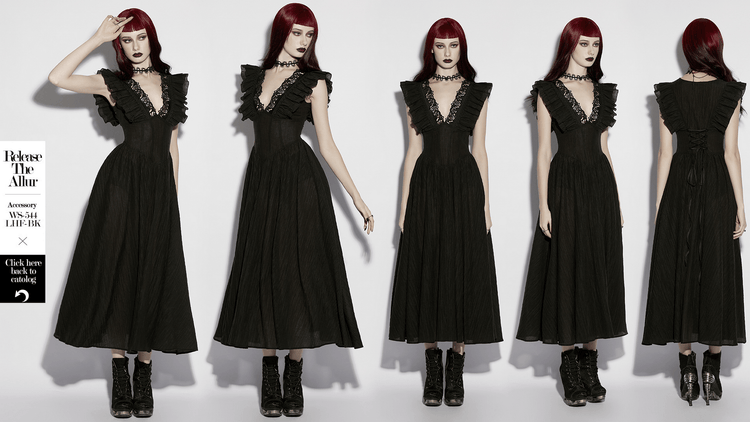 Black Gothic Maxi Dress with Lace V-Neck and Ruffle Sleeves - image 15