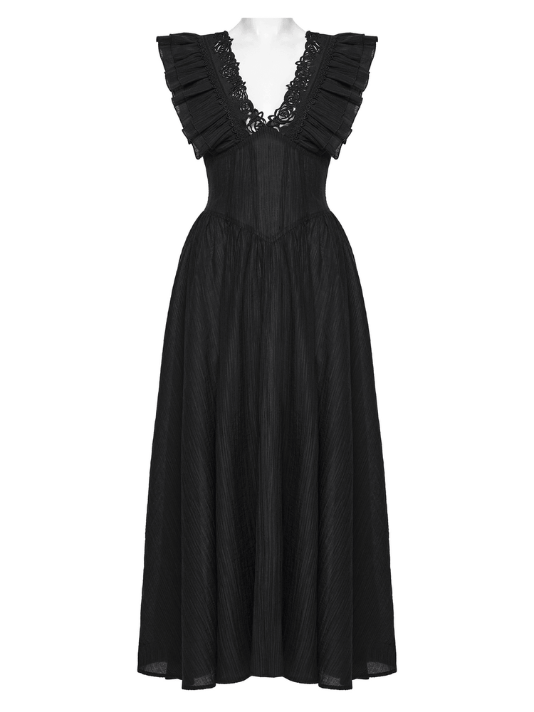 Black Gothic Maxi Dress with Lace V-Neck and Ruffle Sleeves - image 4