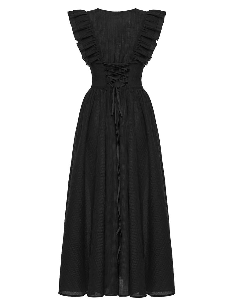 Black Gothic Maxi Dress with Lace V-Neck and Ruffle Sleeves - image 6