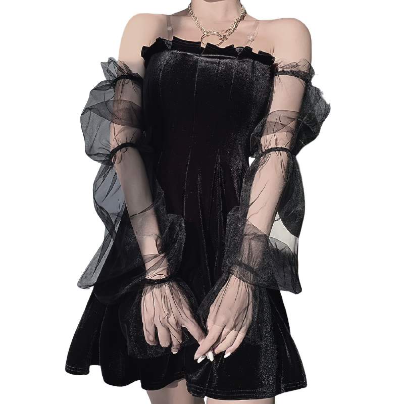 Black Gothic Mini Dress for Women / Sexy Off Shoulder Dress / Punk Rock Dress with Long Sleeve - image 1