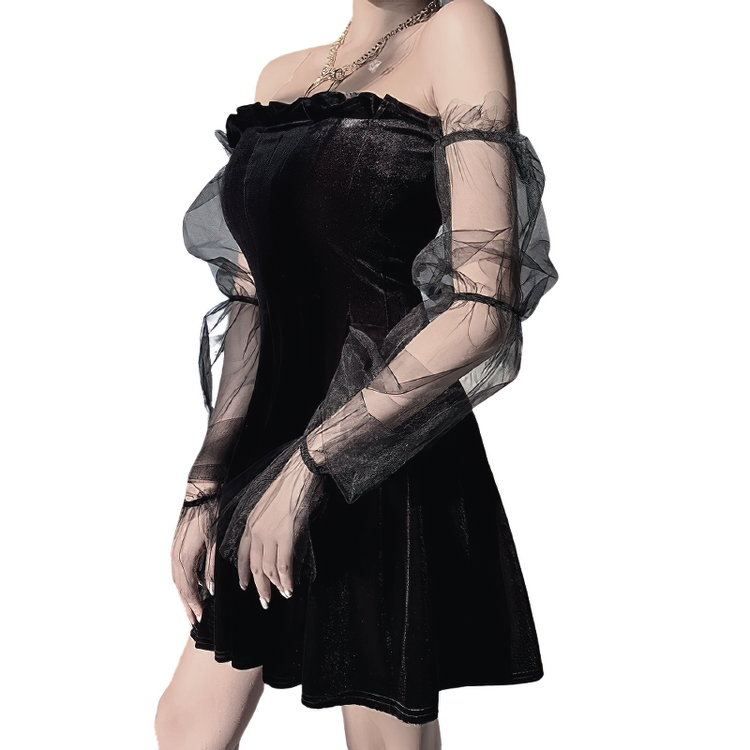 Black Gothic Mini Dress for Women / Sexy Off Shoulder Dress / Punk Rock Dress with Long Sleeve - image 2