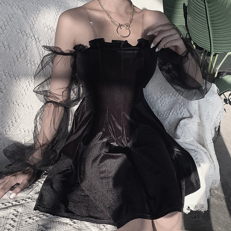 Black Gothic Mini Dress for Women / Sexy Off Shoulder Dress / Punk Rock Dress with Long Sleeve - image 3
