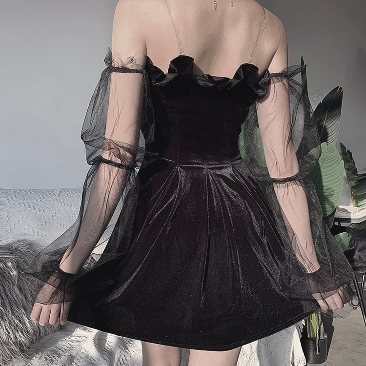 Black Gothic Mini Dress for Women / Sexy Off Shoulder Dress / Punk Rock Dress with Long Sleeve - image 6