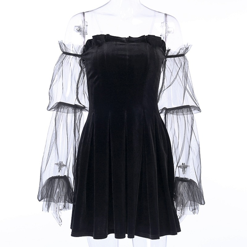 Black Gothic Mini Dress for Women / Sexy Off Shoulder Dress / Punk Rock Dress with Long Sleeve - image 7