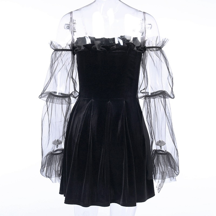 Black Gothic Mini Dress for Women / Sexy Off Shoulder Dress / Punk Rock Dress with Long Sleeve - image 8