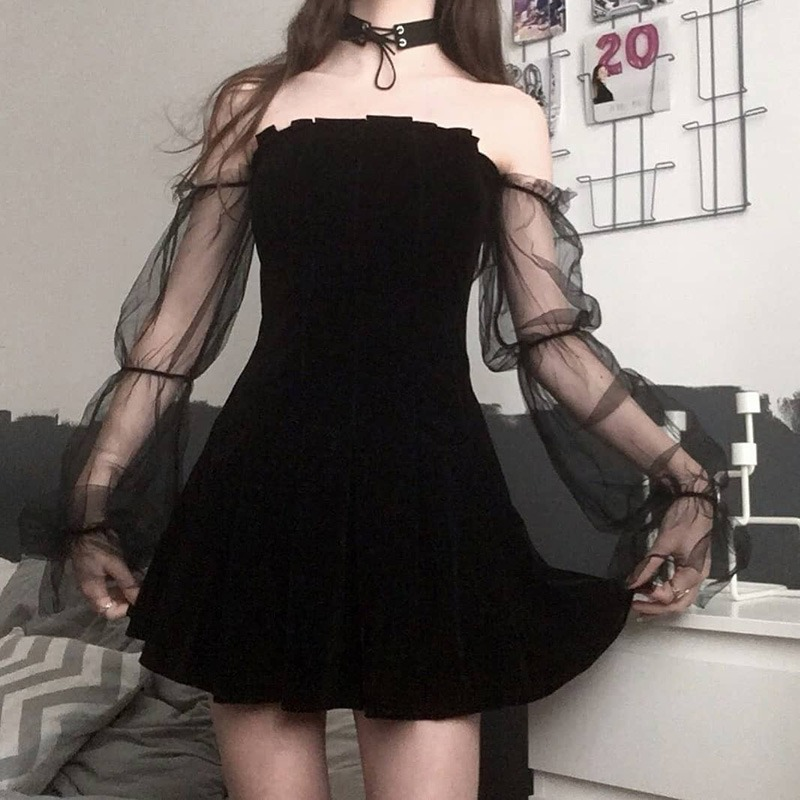 Black Gothic Mini Dress for Women / Sexy Off Shoulder Dress / Punk Rock Dress with Long Sleeve - image 5