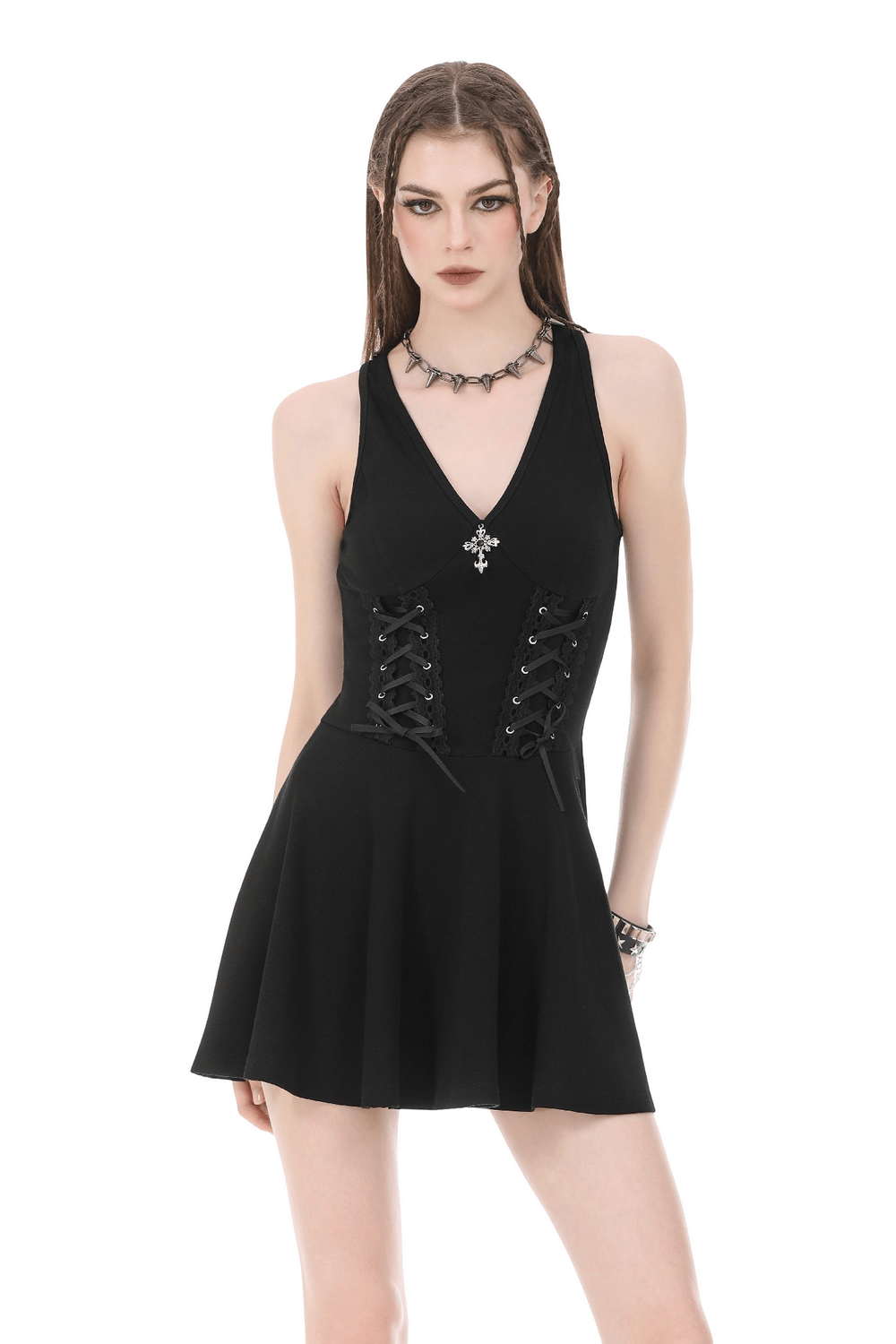 Black Gothic Mini Dress with Side Corset Lacing - image 1