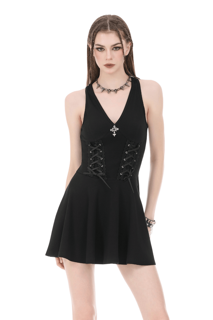 Black Gothic Mini Dress with Side Corset Lacing - image 1