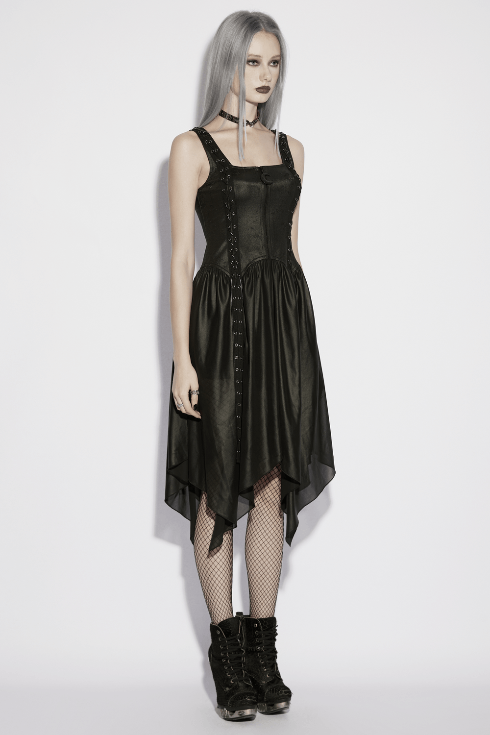 Black Gothic Moon Zip Handkerchief Hem Midi Dress - image 11