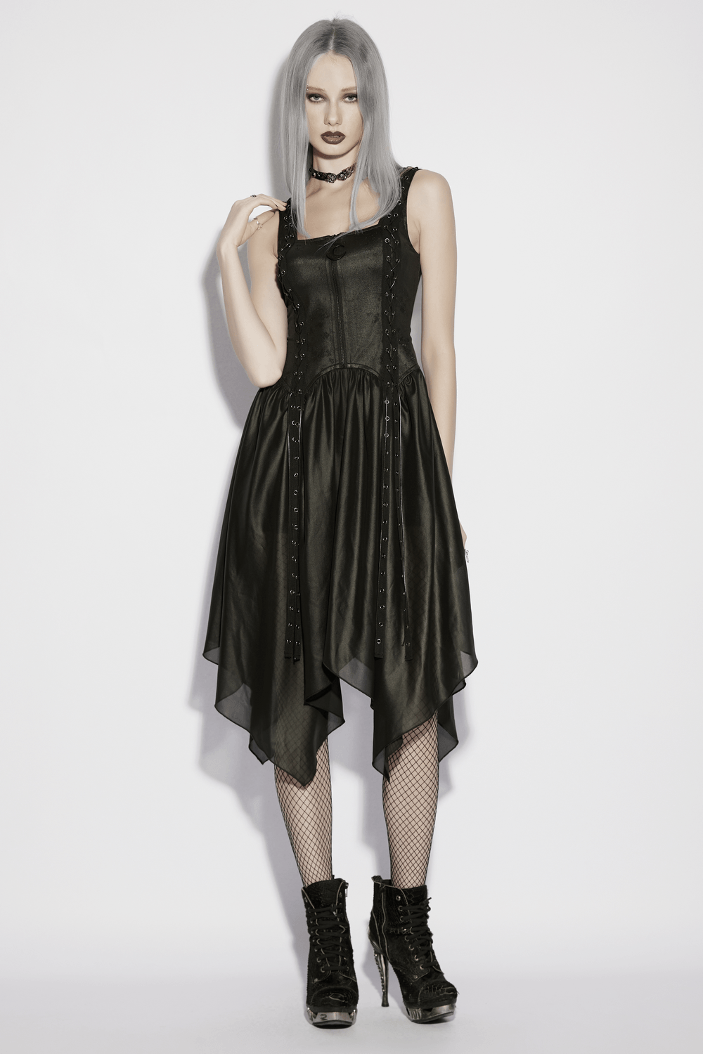 Black Gothic Moon Zip Handkerchief Hem Midi Dress - image 12