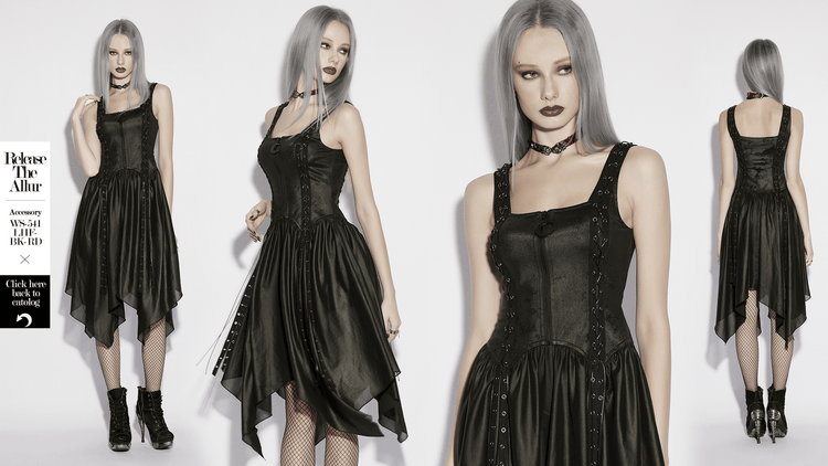 Black Gothic Moon Zip Handkerchief Hem Midi Dress - image 15