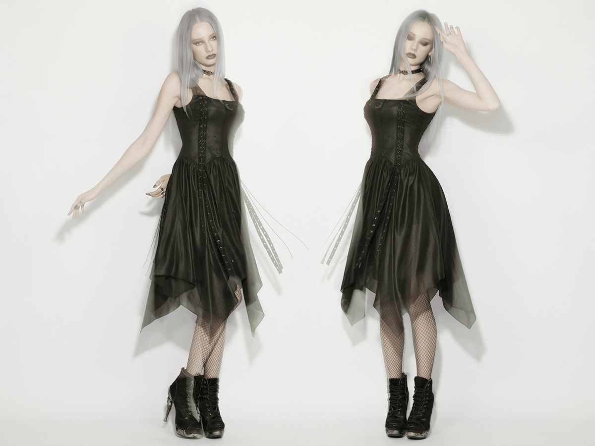 Black Gothic Moon Zip Handkerchief Hem Midi Dress - image 14