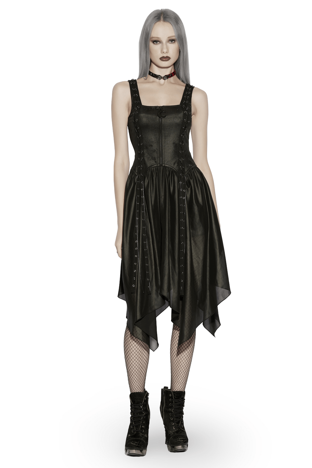 Black Gothic Moon Zip Handkerchief Hem Midi Dress - image 1