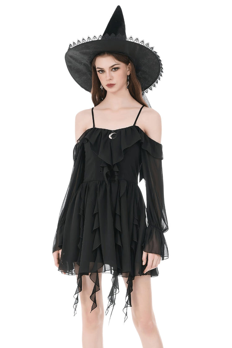 Black Gothic Off-Shoulder Dress with Ruffle Layers featuring sheer sleeves and crescent moon accent.