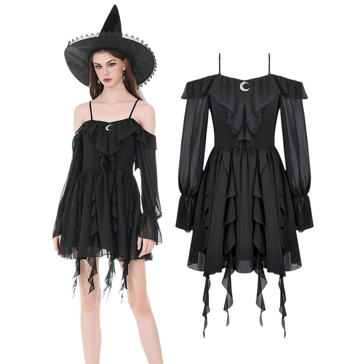 Black Gothic Off-Shoulder Dress with Ruffle Layers showcasing sheer bell sleeves and a silver crescent moon accent.