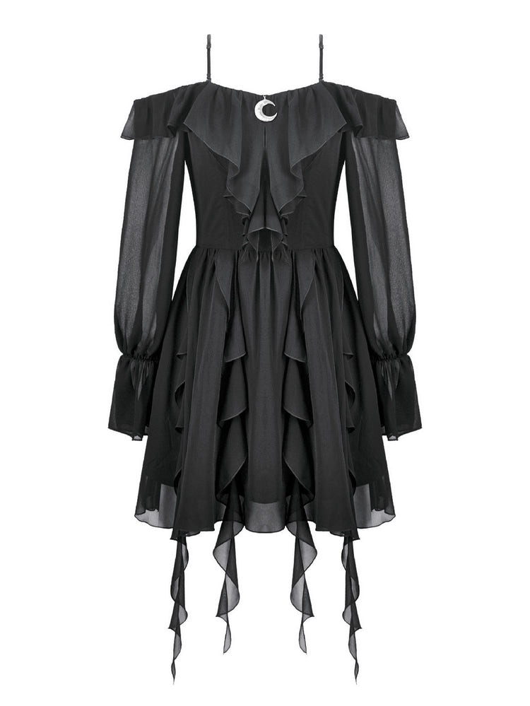 Black Gothic Off-Shoulder Dress with Ruffle Layers featuring sheer sleeves and a crescent moon accent.