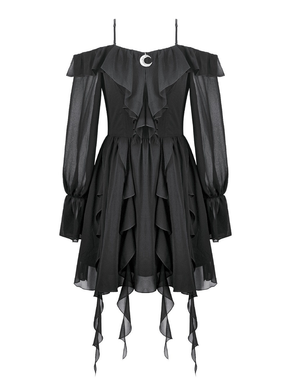 Black Gothic Off-Shoulder Dress with Ruffle Layers featuring sheer sleeves and a crescent moon accent.