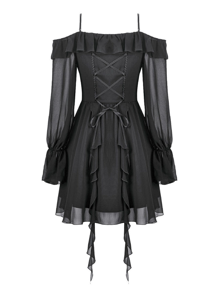 Black Gothic Off-Shoulder Dress with Ruffle Layers showcasing sheer bell sleeves and corset-inspired lace-up back.