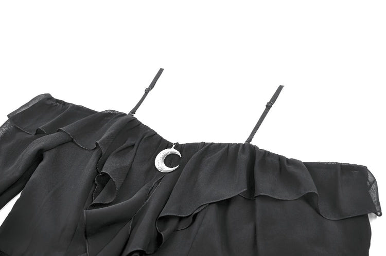 Black Gothic Off-Shoulder Dress with Ruffle Layers featuring sheer bell sleeves and a silver crescent moon accent.