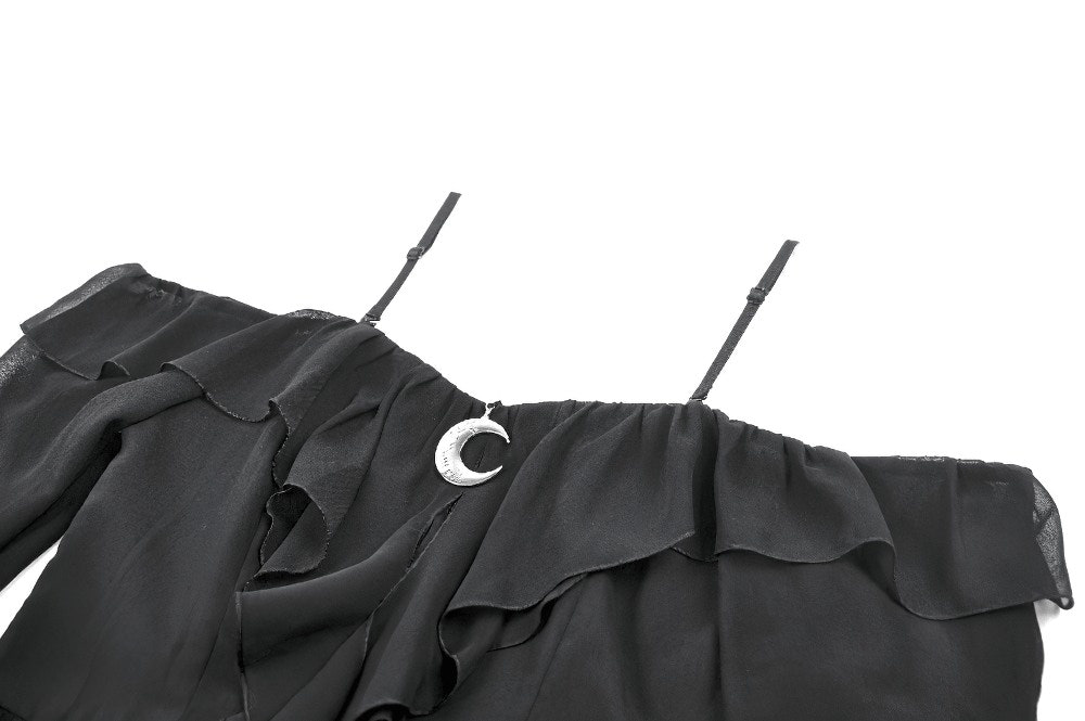 Black Gothic Off-Shoulder Dress with Ruffle Layers featuring sheer bell sleeves and a silver crescent moon accent.