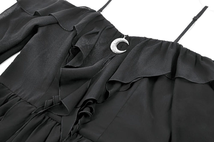 Black Gothic Off-Shoulder Dress with Ruffle Layers featuring sheer bell sleeves and a silver crescent moon accent.