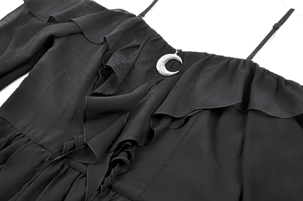 Black Gothic Off-Shoulder Dress with Ruffle Layers featuring sheer bell sleeves and a silver crescent moon accent.