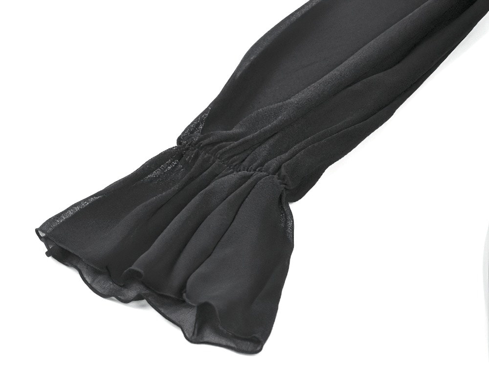 Black Gothic Off-Shoulder Dress with Ruffle Layers sheer bell sleeve detail with flared cuff