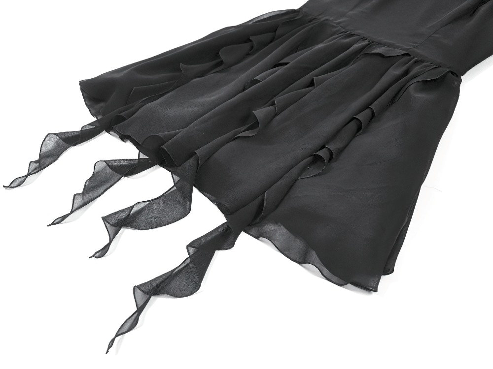Black Gothic Off-Shoulder Dress with Ruffle Layers featuring sheer layers and trailing chiffon points.