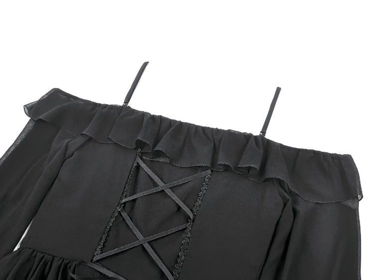 Black Gothic Off-Shoulder Dress with Ruffle Layers featuring sheer sleeves and lace-up back detail.