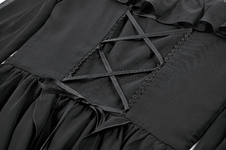 Black Gothic Off-Shoulder Dress with Ruffle Layers featuring a lace-up back and flowing chiffon points.