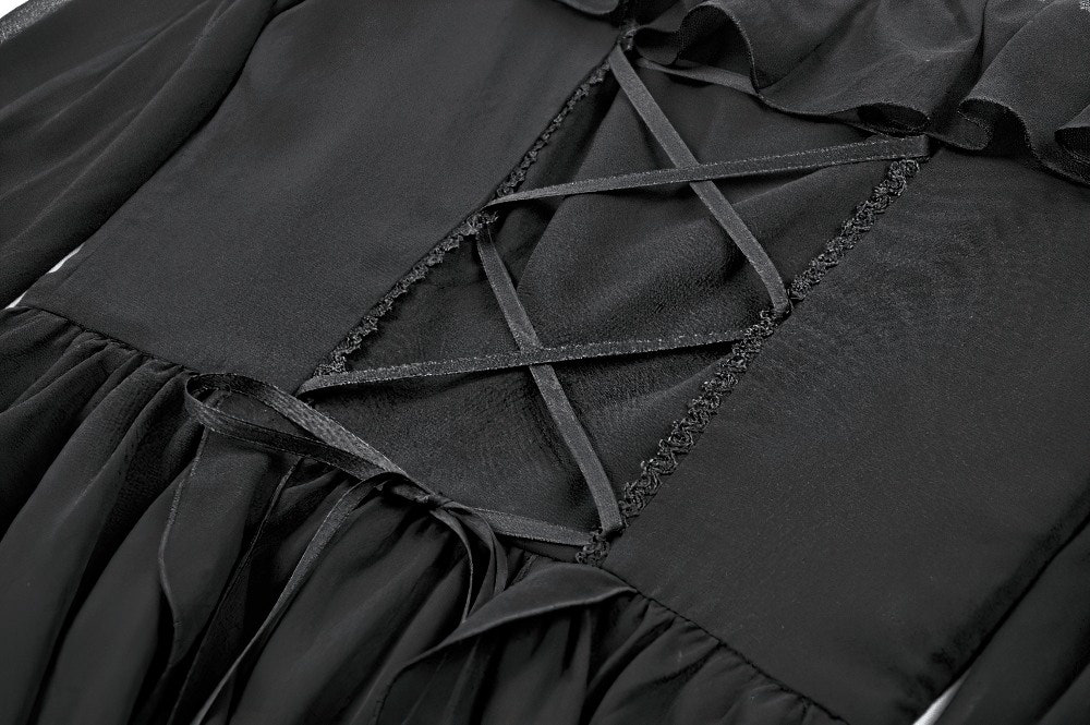 Black Gothic Off-Shoulder Dress with Ruffle Layers featuring a lace-up back and flowing chiffon points.
