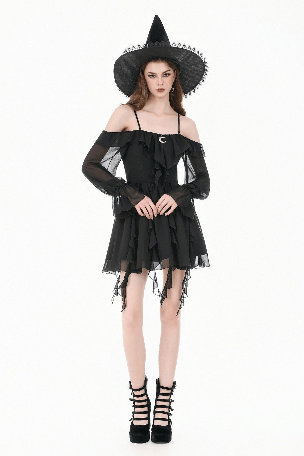 Black Gothic Off-Shoulder Dress with Ruffle Layers worn by a model with a witch hat and sheer sleeves.